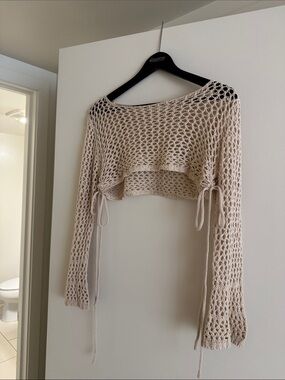 Beige Open-Knit Cropped Tie-Side Sweater Top